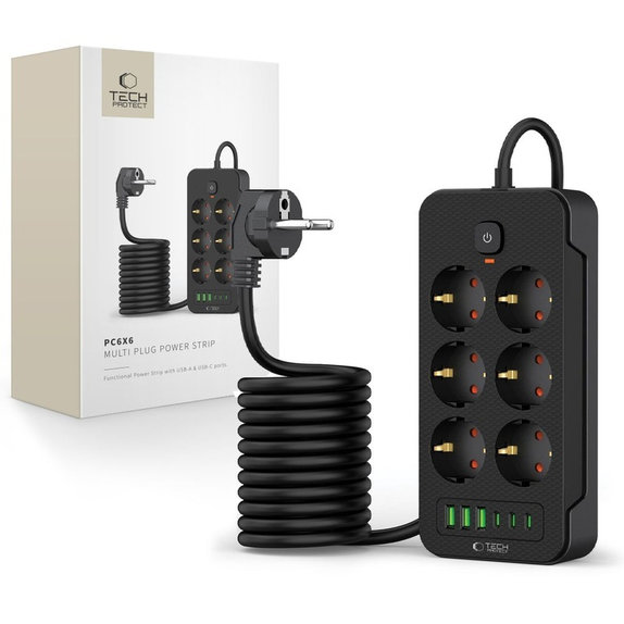 Netzladegerät PC6X6 Power Strip 3 USB & 3 USB-C & 6 Socket 200cm, schwarz, Tech-Protect