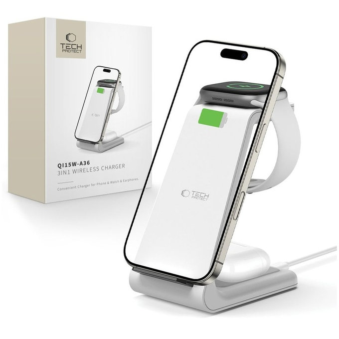 Kabelloses Ladegerät QI15W-A36 3IN1 for Apple, weiß, Tech-Protect