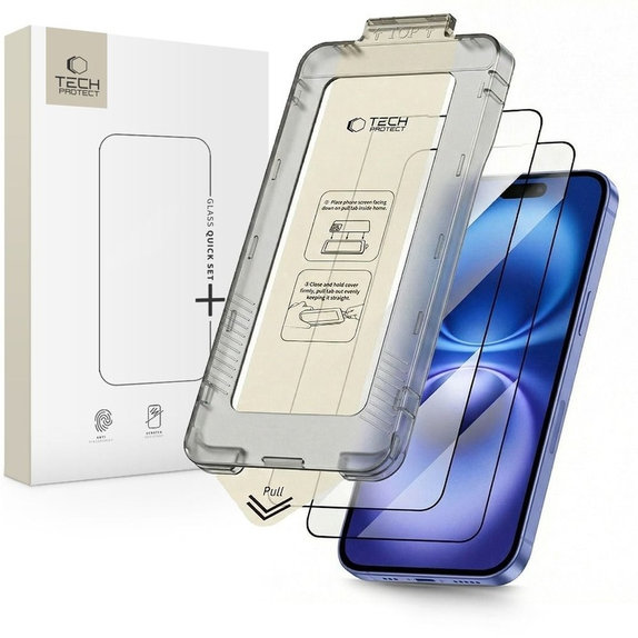 Panzerglas Quick Set+ 2-PACK für iPhone 15 / 16, schwarz, Tech-Protect