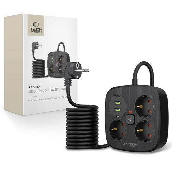 Netzladegerät PCS3X4 Power Strip 2 USB & 2 USB-C & 3 Socket 200cm, schwarz, Tech-Protect
