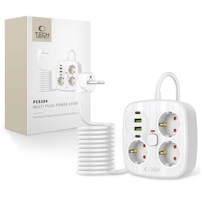 Netzladegerät PCS3X4 Power Strip 2 USB & 2 USB-C & 3 Socket 200cm, weiß, Tech-Protect