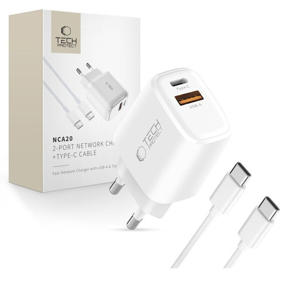Netzladegerät NCA20 2-PORT PD 20W / QC3.0 + USB-C Cable, weiß, Tech-Protect