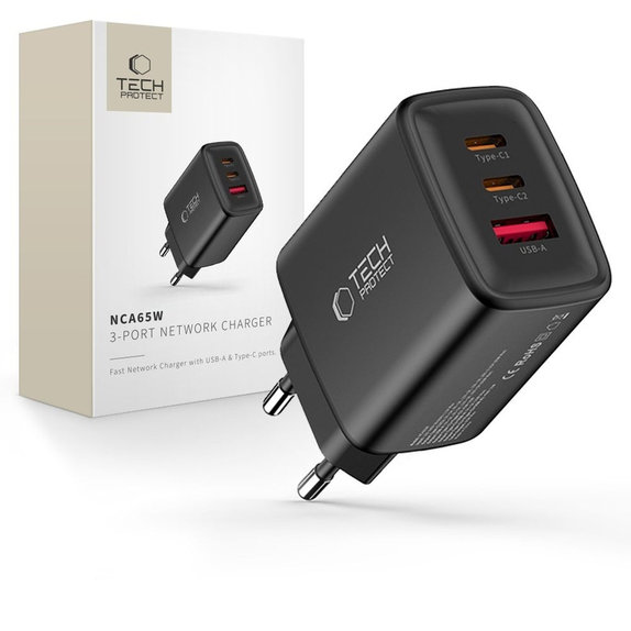 Netzladegerät NCA65W-GAN 3-PORT PD 65W / QC3.0, schwarz, Tech-Protect