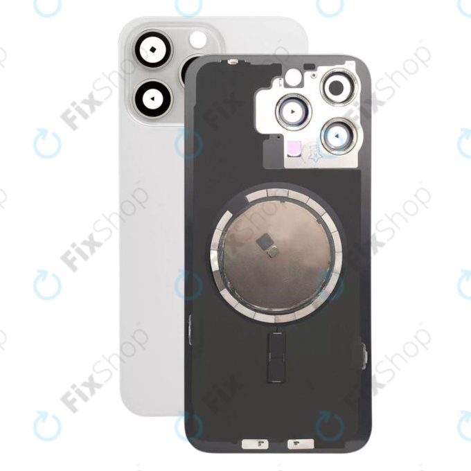 Apple iPhone 15 Pro Max - Rückgehäuseglas + Kameraglas + Metallplatte + Magsafe-Magnet (White Titanium)