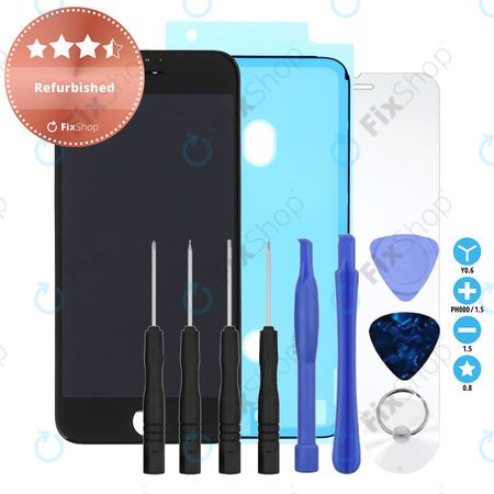 Apple iPhone 8, SE (2020), SE (2022) - LCD Display + Touchscreen Front Glas + Rahmen (Black) Refurbished + LCD Klebestreifen Sticker + Gehärtetes Glas + Werkzeugsatz - Multipack