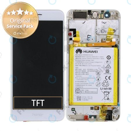 Huawei Honor 8 - LCD Display + Touchscreen front Glas + Rahmen + Akku Batterie (Weiß) - 02350UEN, 02350USJ